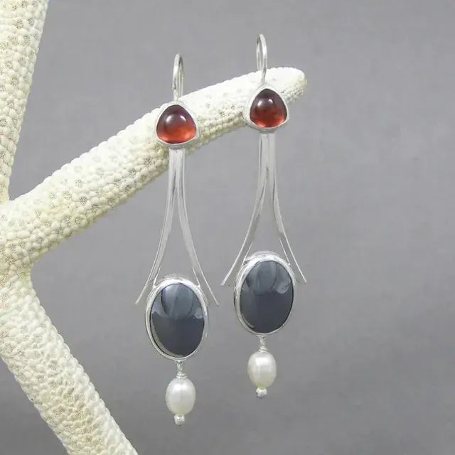 Vintage Pearl Earrings with Red Crystal