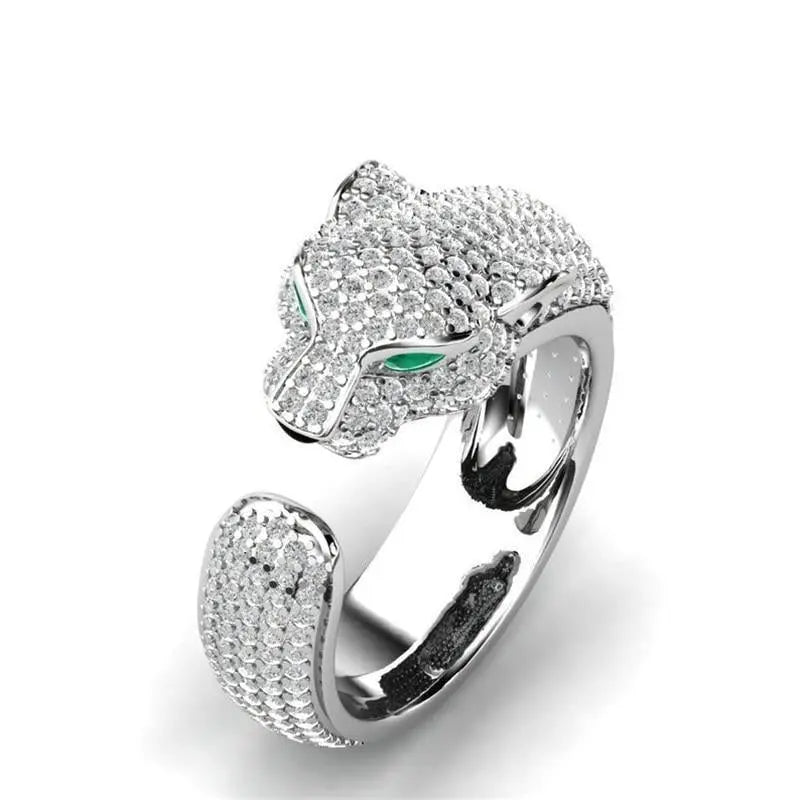 Adjustable Jaguar Ring made of Silver and Rose Gold with Green Zirconia Eyes