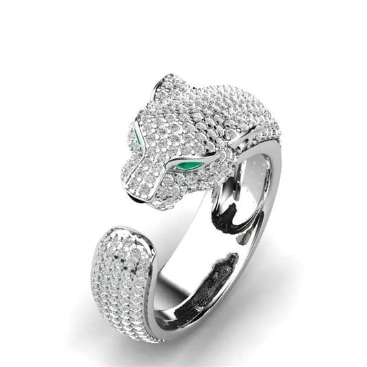 Adjustable Jaguar Ring made of Silver and Rose Gold with Green Zirconia Eyes